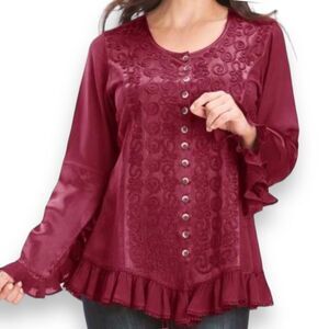 Elegant Burgundy Embroidered Button Down Long Sleeve Ruffle Trim Blouse NEW